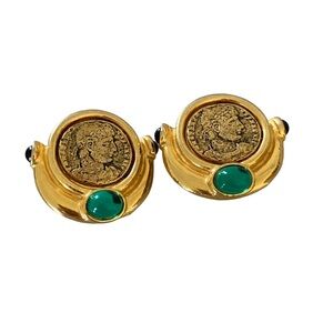 Vintage rare Caralina gold tone clip on Greek revival earrings cabochon coin